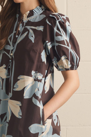 Ginny Brown & Blue Floral Midi Dress