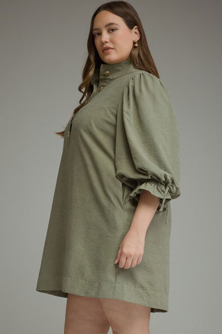 Olive Fall Charm Balloon Sleeve Mini Dress