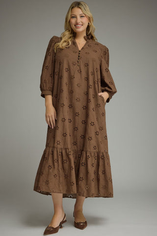 Chocolate Fall Eyelet Midi Dress