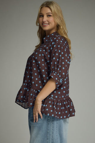 Chocolate Blue Dot Ruffle Blouse