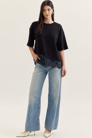 Chloe Lace Trim Tee in Black