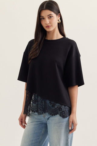 Chloe Lace Trim Tee in Black