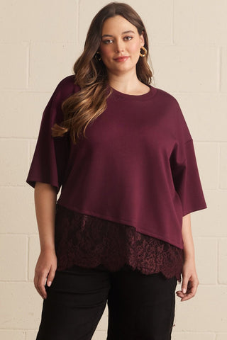 Chloe Lace Trim Tee in Burgundy