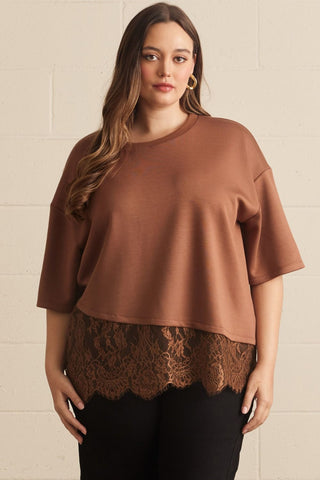 Chloe Lace Trim Tee in Mocha
