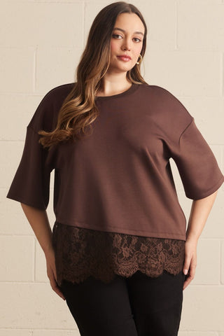 Chloe Lace Trim Tee in Chocolate