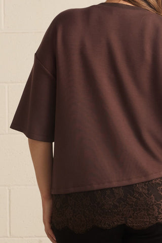 Chloe Lace Trim Tee in Chocolate