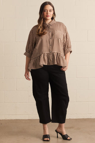 Brown Gingham Ruffle Blouse