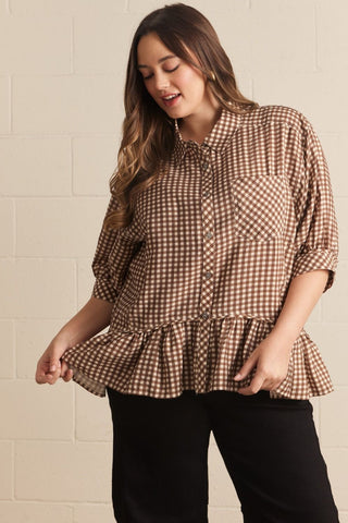 Brown Gingham Ruffle Blouse