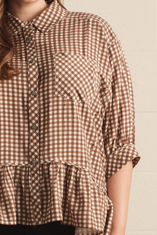 Brown Gingham Ruffle Blouse