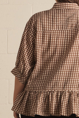 Brown Gingham Ruffle Blouse