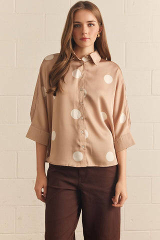 Polka Dot Dreams Satin Blouse in Latte