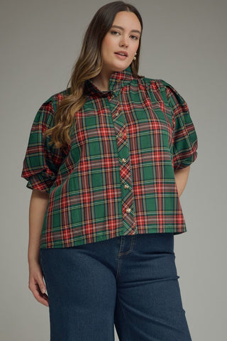Pleasantly Plaid Green Blouse