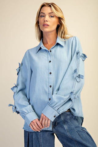 Bow Sleeve Washed Denim Shirt