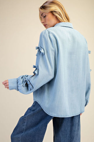 Bow Sleeve Washed Denim Shirt