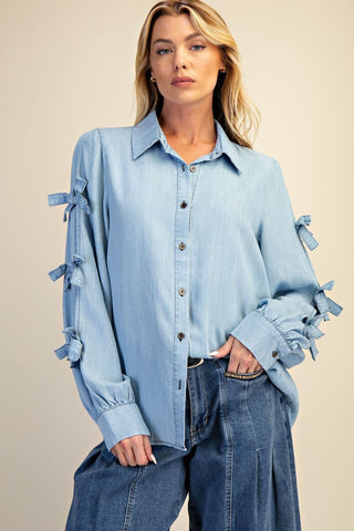 Bow Sleeve Washed Denim Shirt