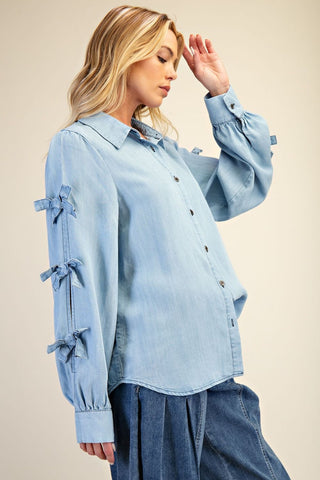 Bow Sleeve Washed Denim Shirt