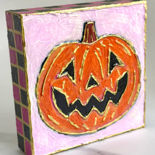 Halloween Jack o Lantern Pumpkin Textured Handpainted Wood Block